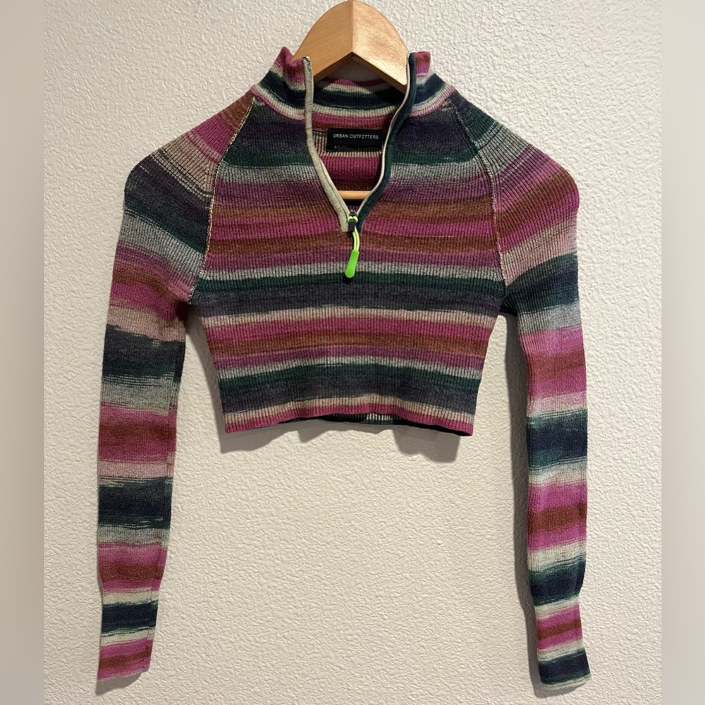 Urban Outfitters Lexi Cropped Viscose Blend Half Zip Sweater Top Striped Small - Picture 3 of 13